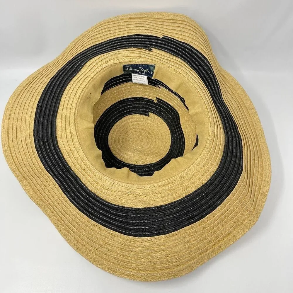 Panama Jack Sun Straw Hat Tan Navy Blue Tassel Floppy Wide Brim Women’s OSFM